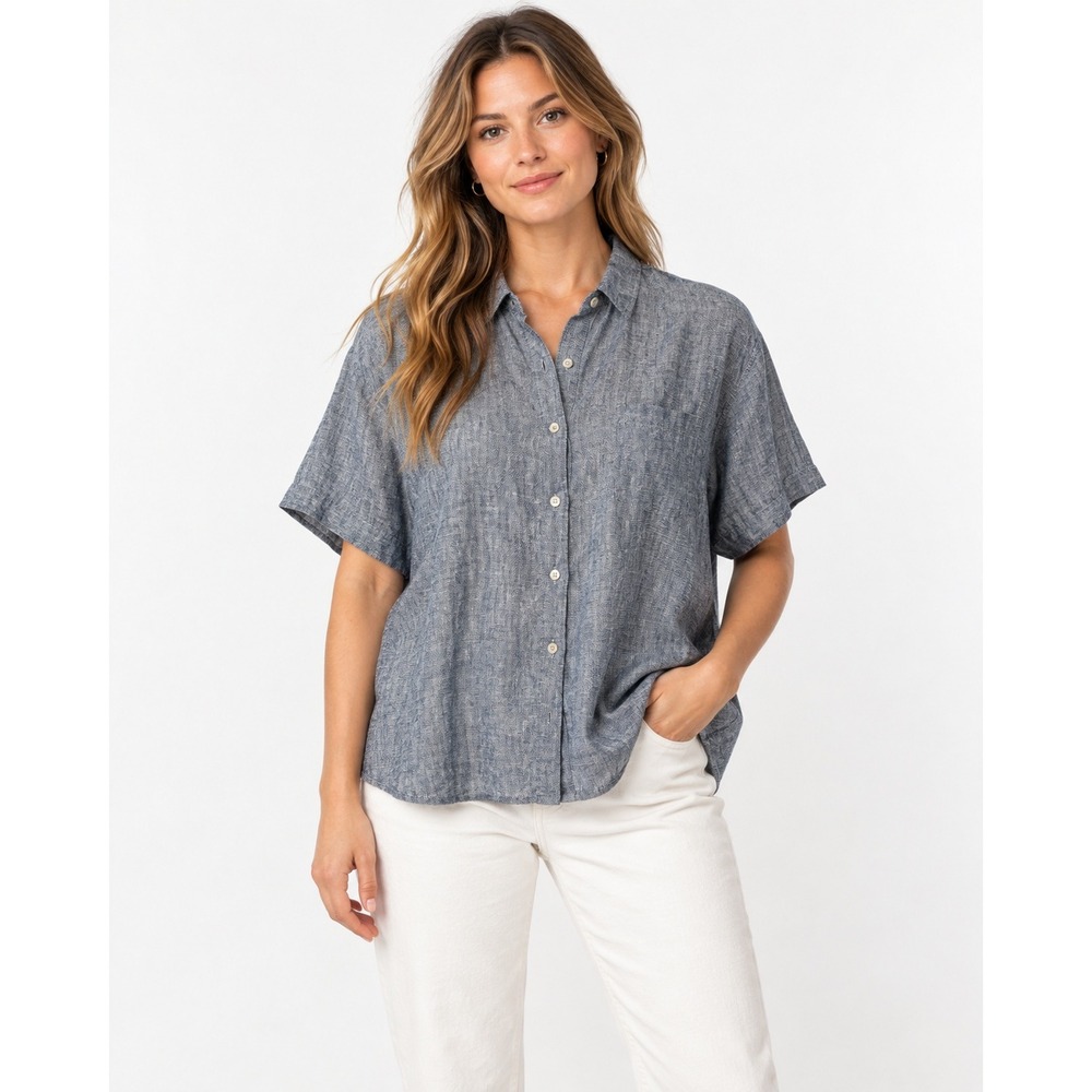 Eileen Fisher Women's Blue Hemp Organic Cotton Oversized Button Shirt 2X